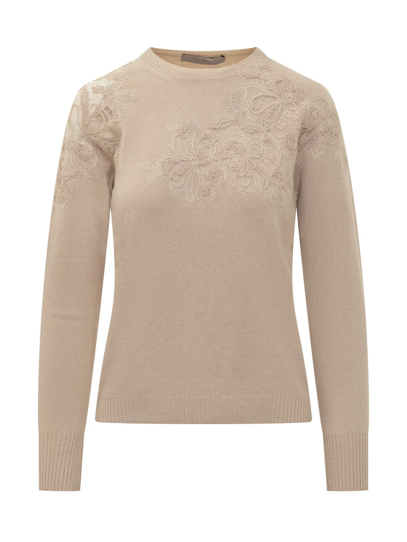 Exterior Maglia Beige con Ricami in Pizzo