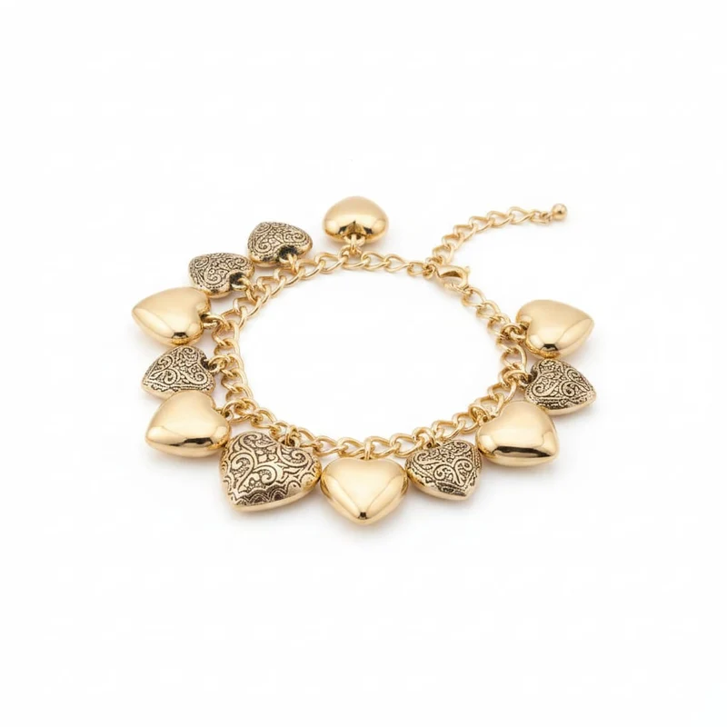 Bracciale di cuori lisci e intarsiati - Oro