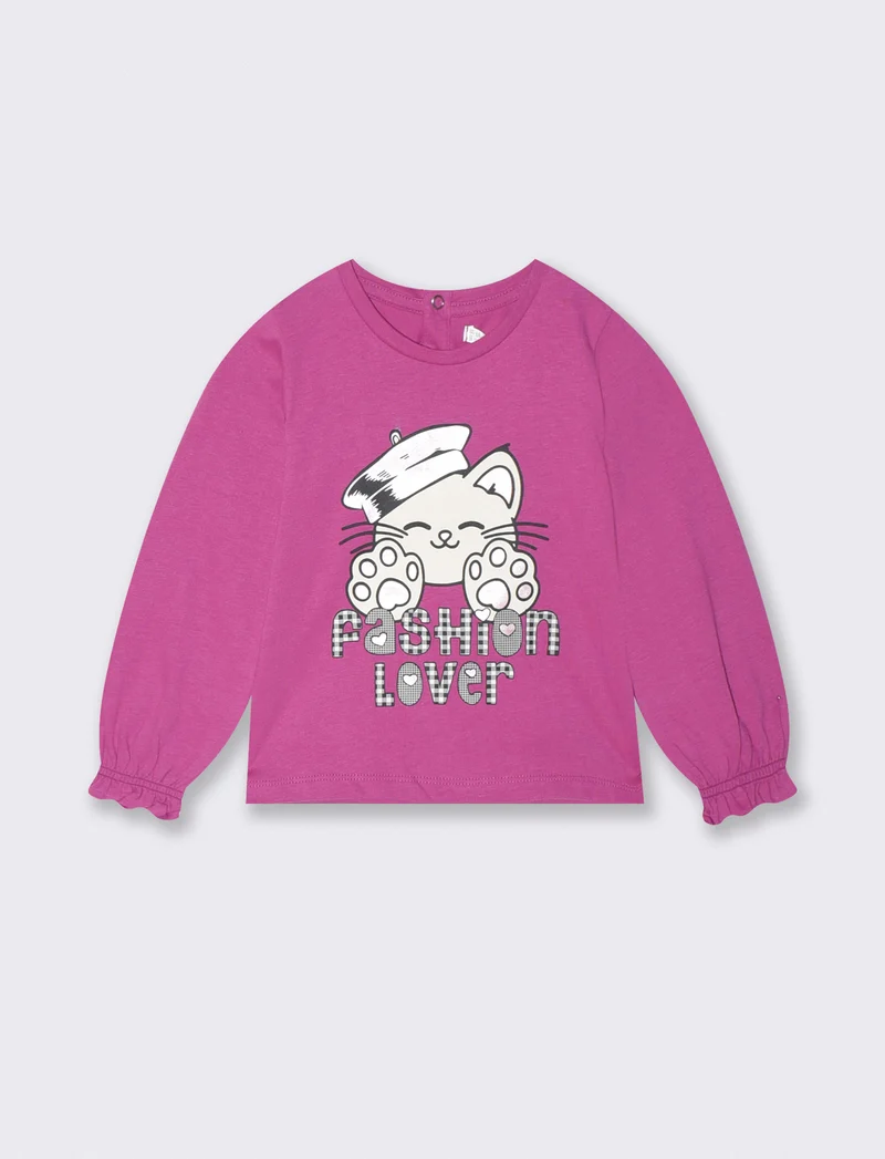 T shirt manica lunga girocollo con stampa - Fuxia azalea