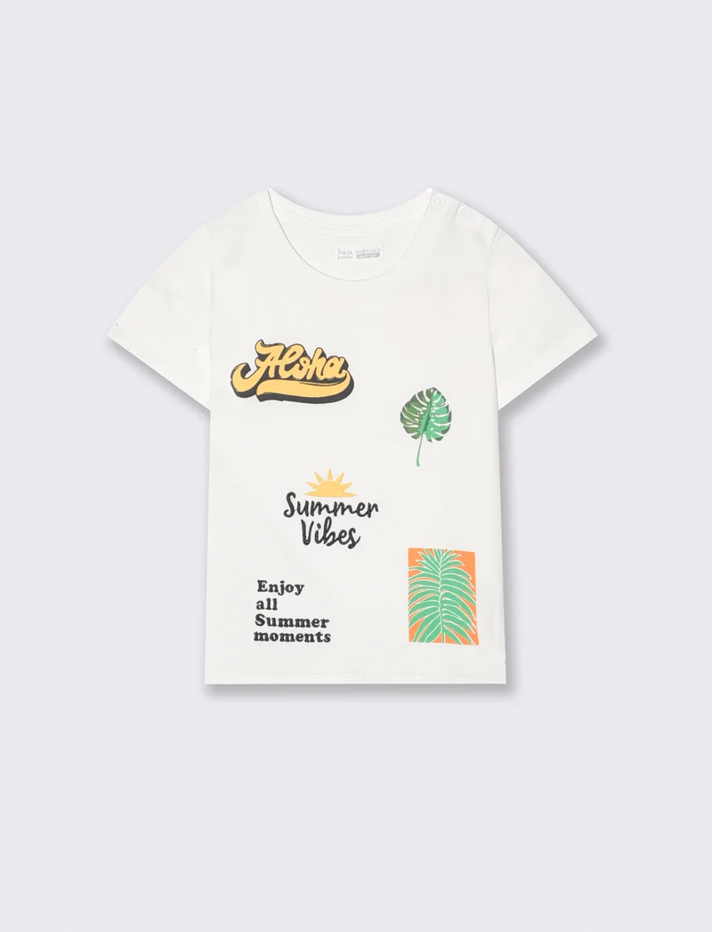 Maglietta girocollo con stampe e ricami - Bianco latte