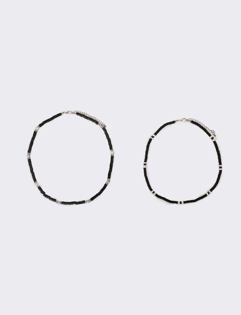 Collana uomo due fili con legno e turchese - Nero