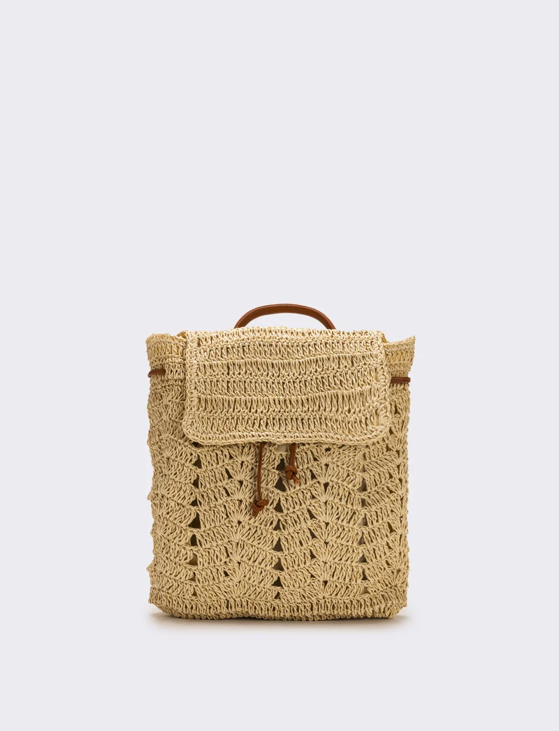 Zaino donna in raffia con patta - Beige