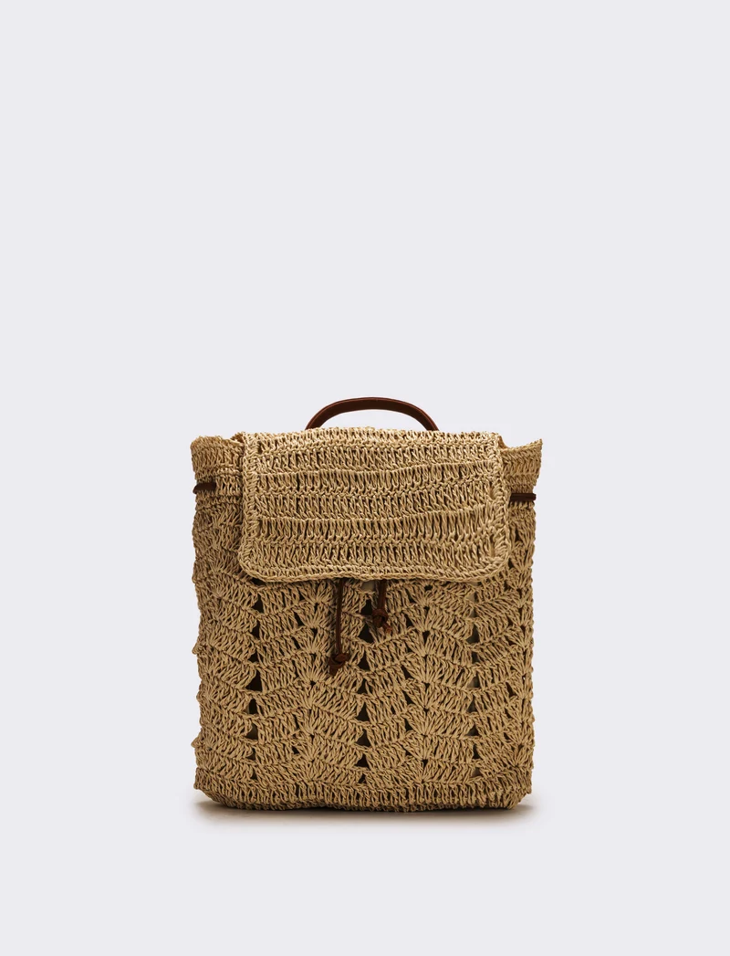 Zaino donna in raffia con patta - Marrone