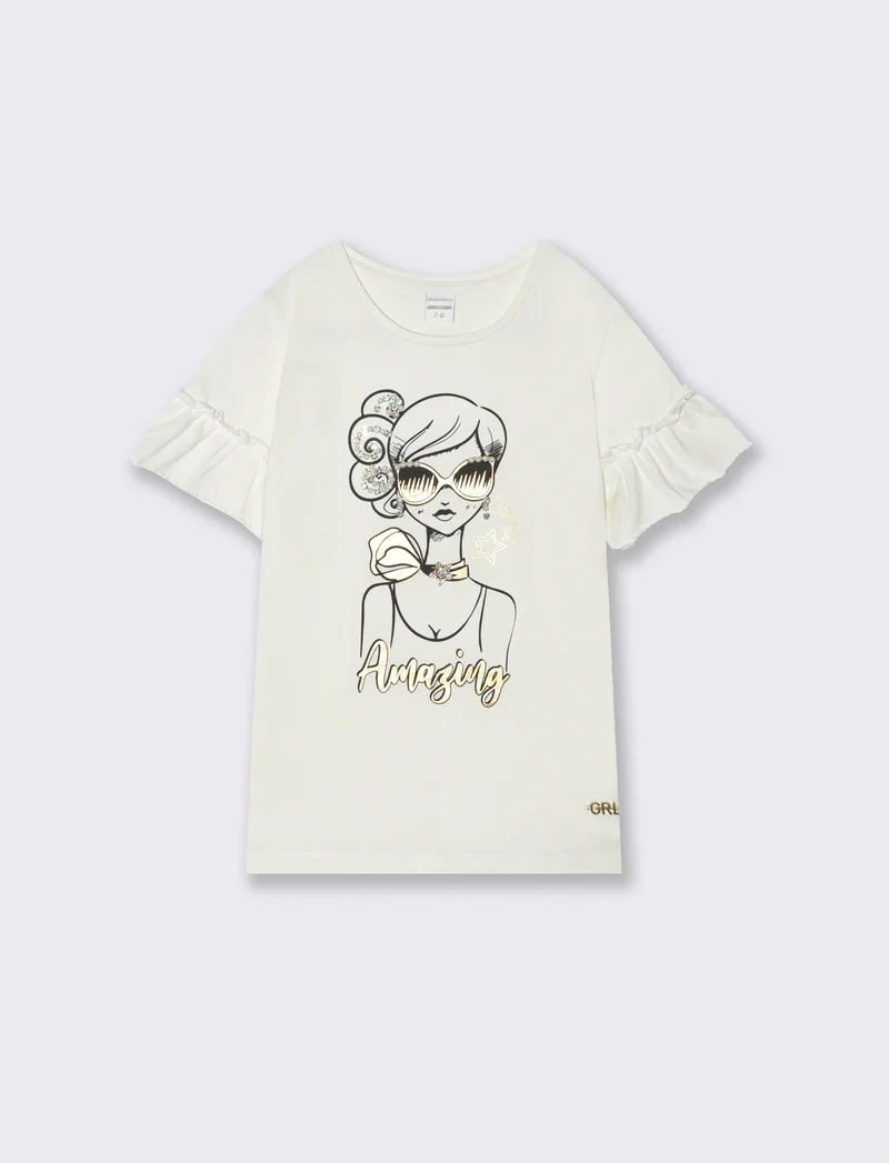 T-shirt elegante da bambina con rouches - Bianco latte