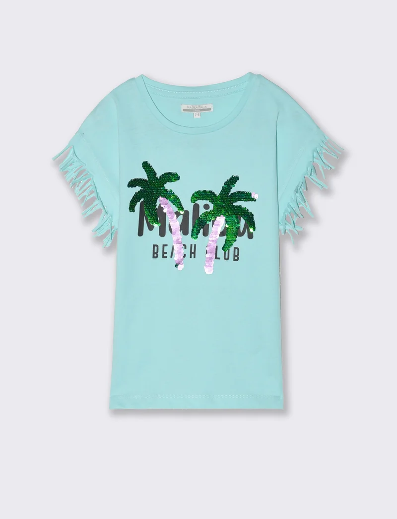 T-shirt con stampa e paillettes da bambina - Verde acqua