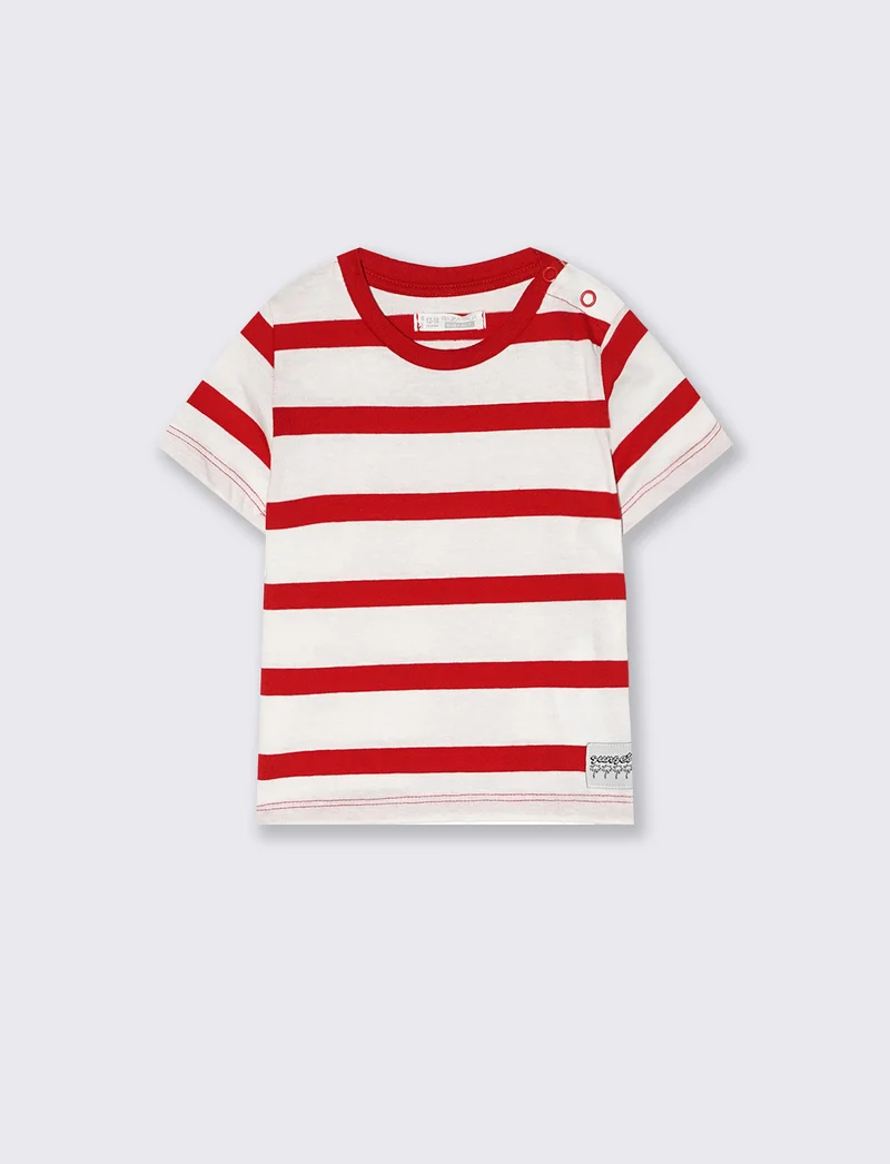 T shirt a righe girocollo manica corta - Rosso