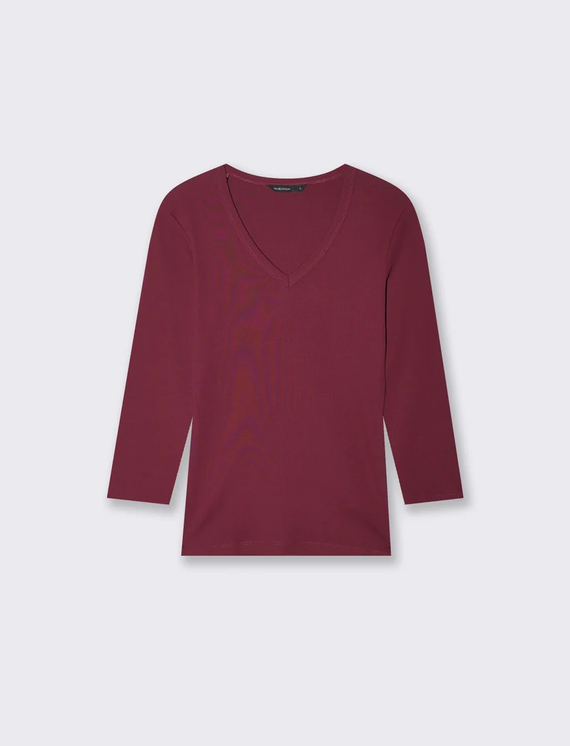 T-shirt a costine con scollo a V - Viola prugna