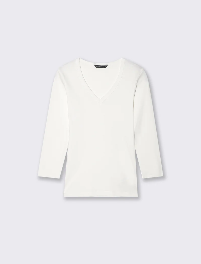 T-shirt a costine con scollo a V - Bianco latte