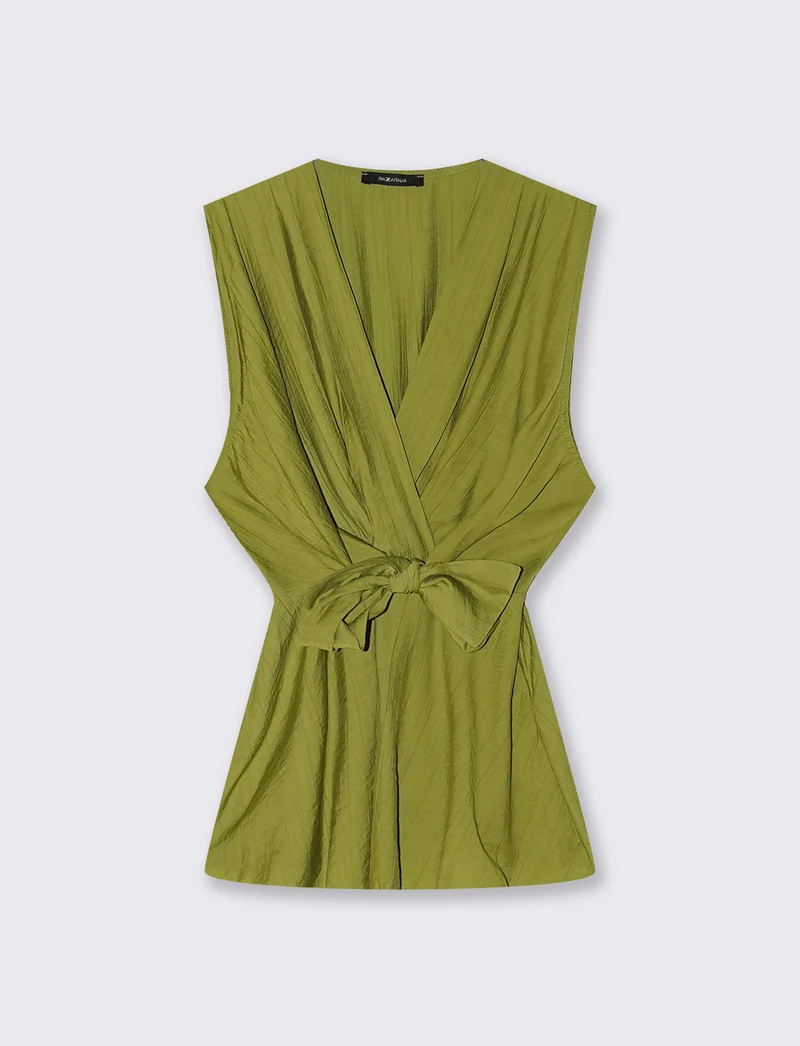 Top giromanica scollo a v con fiocco donna - Verde