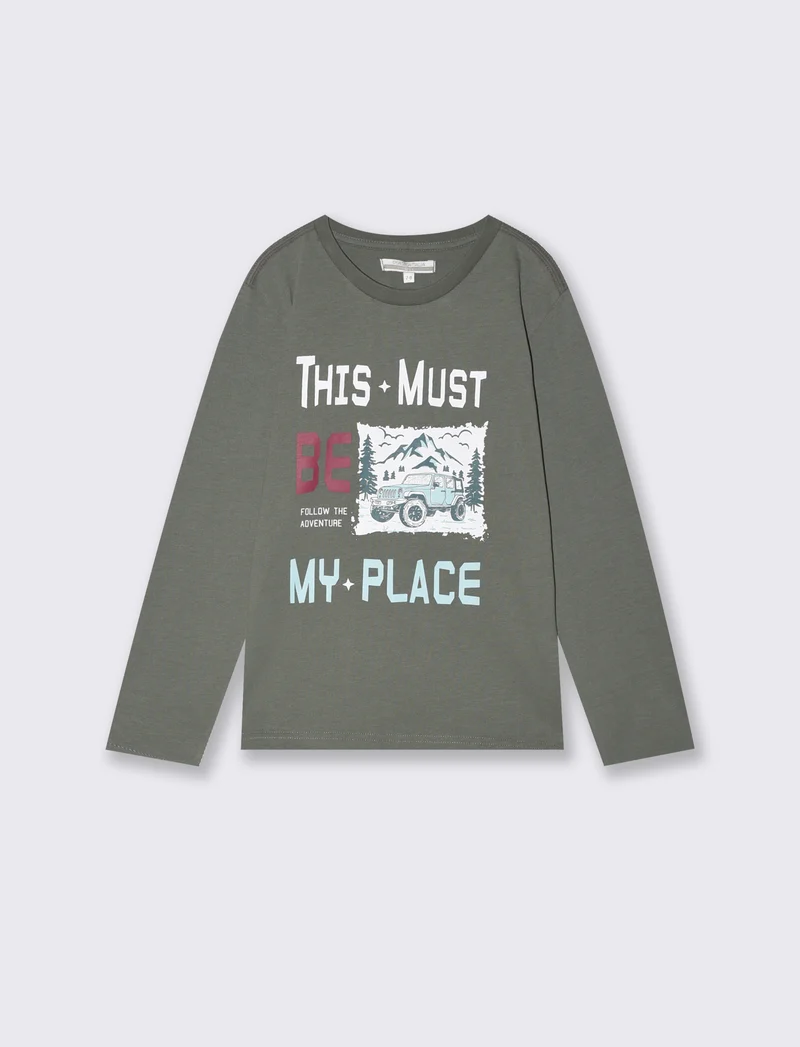 T-Shirt Manica Lunga in Cotone Stampata - Verde militare