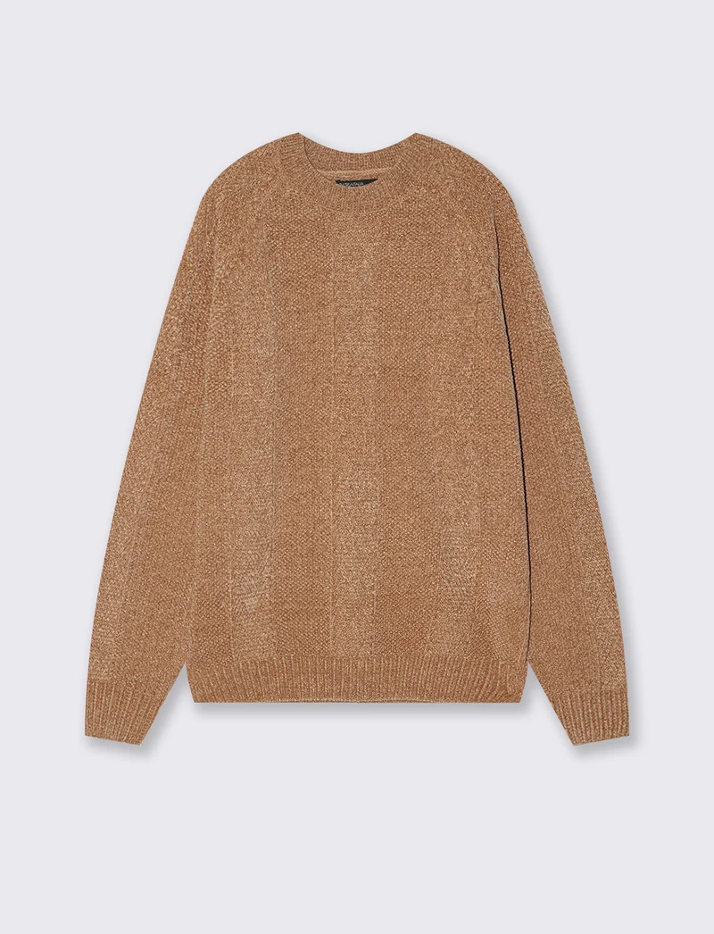 Maglia Jacquard Girocollo in Ciniglia - Cammello