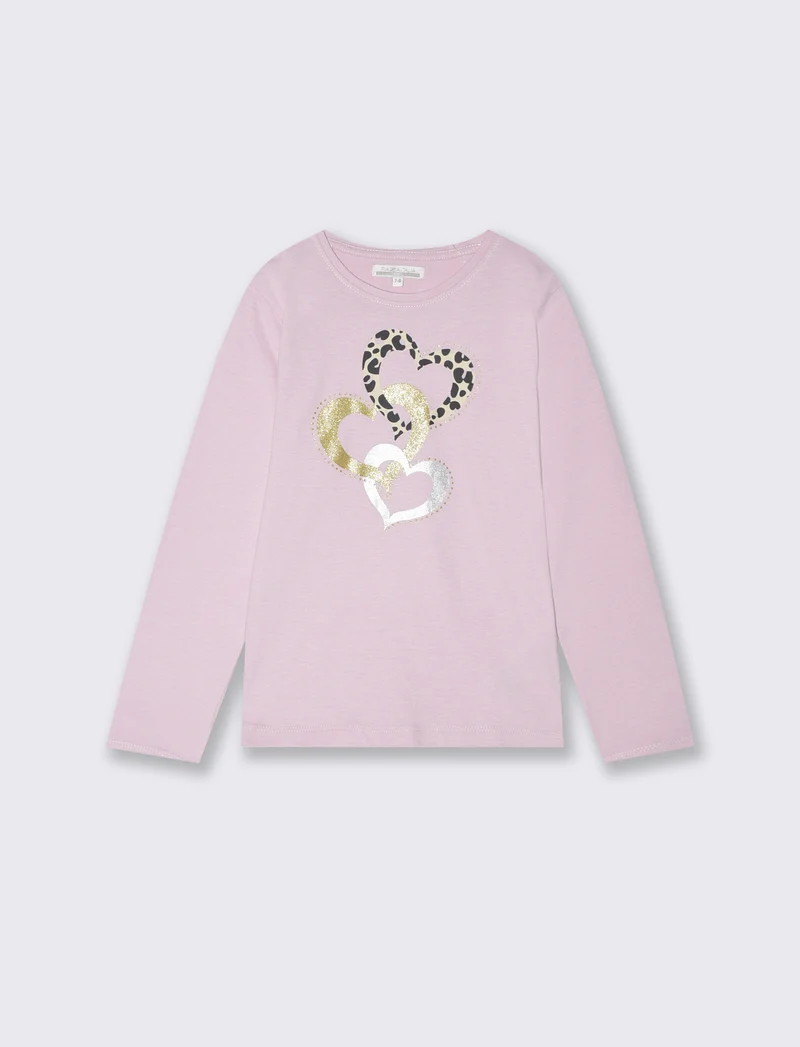 T-shirt in cotone manica lunga regolare - Rosa polvere
