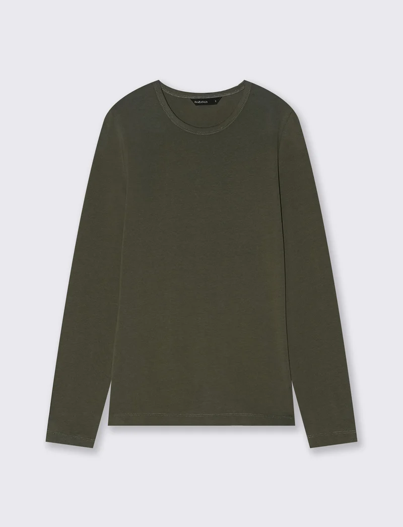 T-shirt basica manica lunga girocollo - Verde salvia