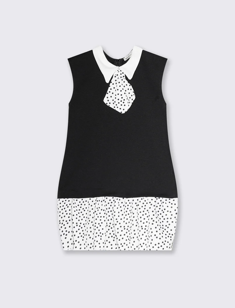 Abito da bambina a contrasto con pois - Nero