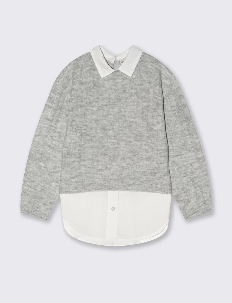 Maglia manica lunga con finta camicia - Grigio mel.