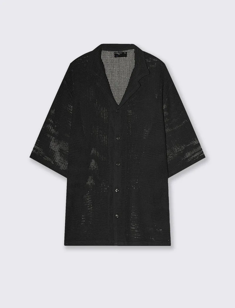 Camicia Boxy Fit Crochet Effetto Rete - Nero