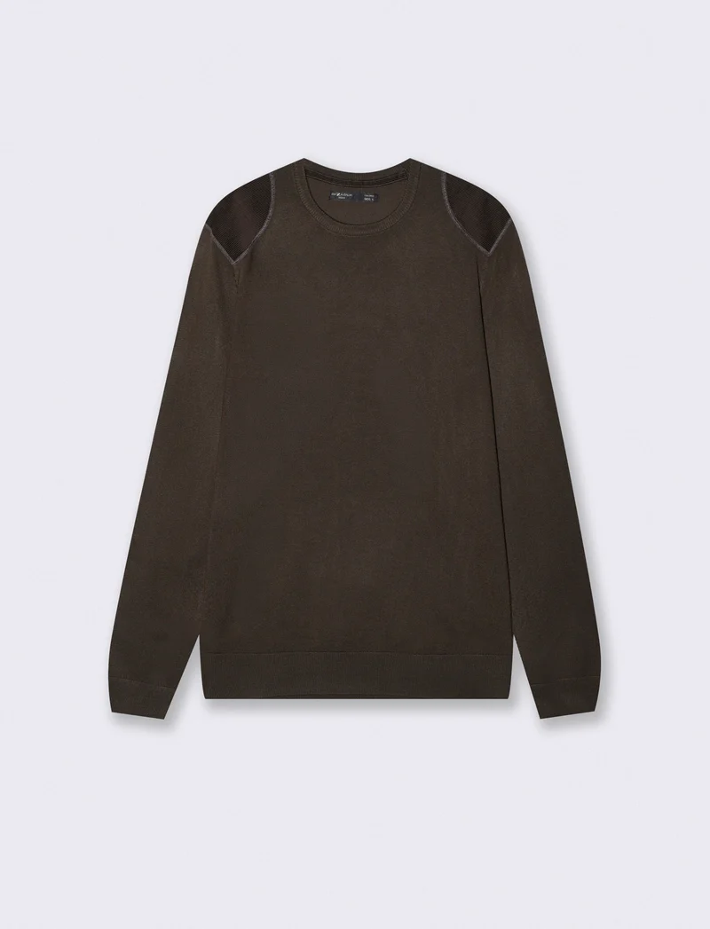 Maglia girocollo slim fit con toppe velluto - Moro