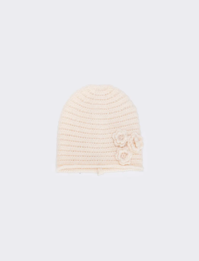 Cuffia con Fiori Applicati - Bianco sporco