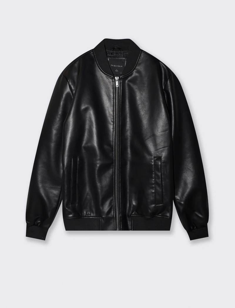 Giubbotto bomber effetto pelle con collo - Nero