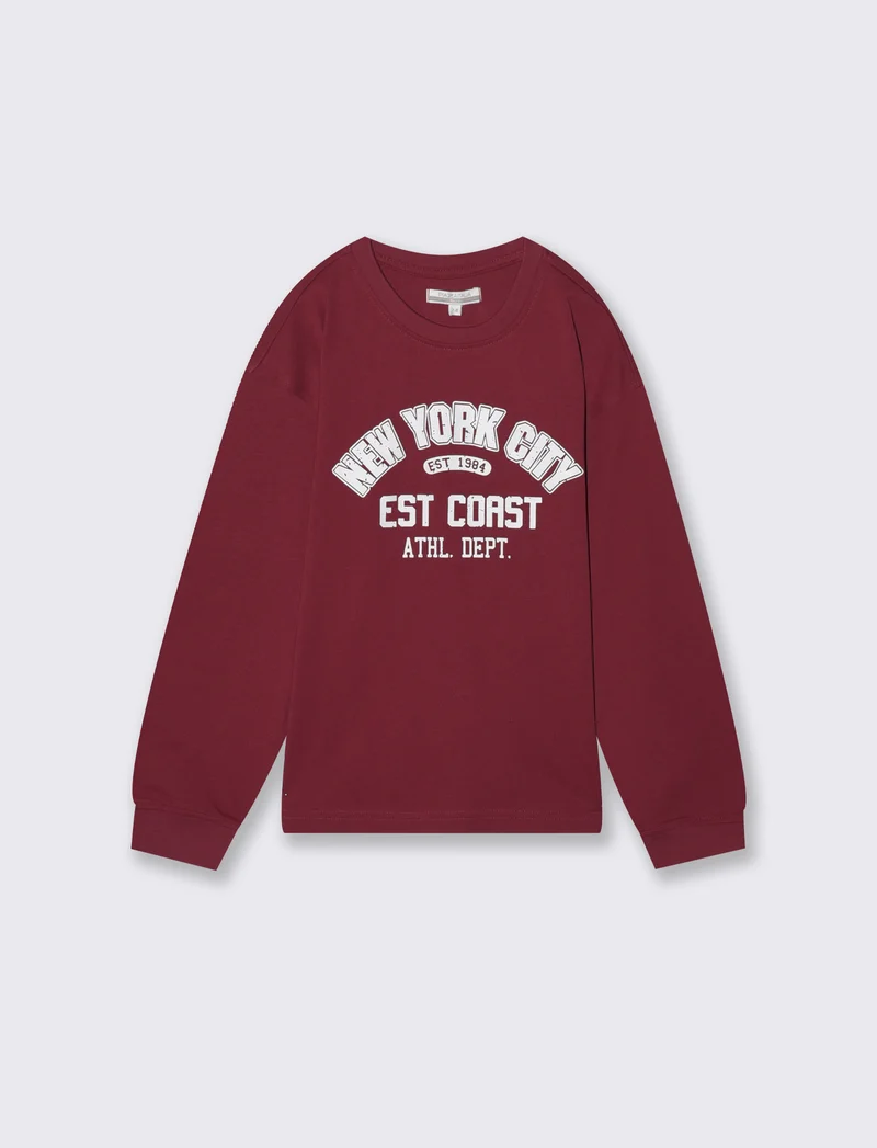 T-shirt manica lunga girocollo in cotone - Bordeaux