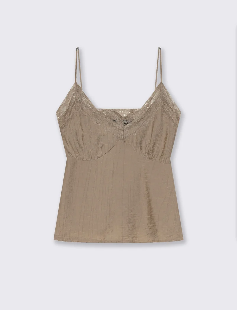 Top con Bretelle Sottili e Pizzo - Beige