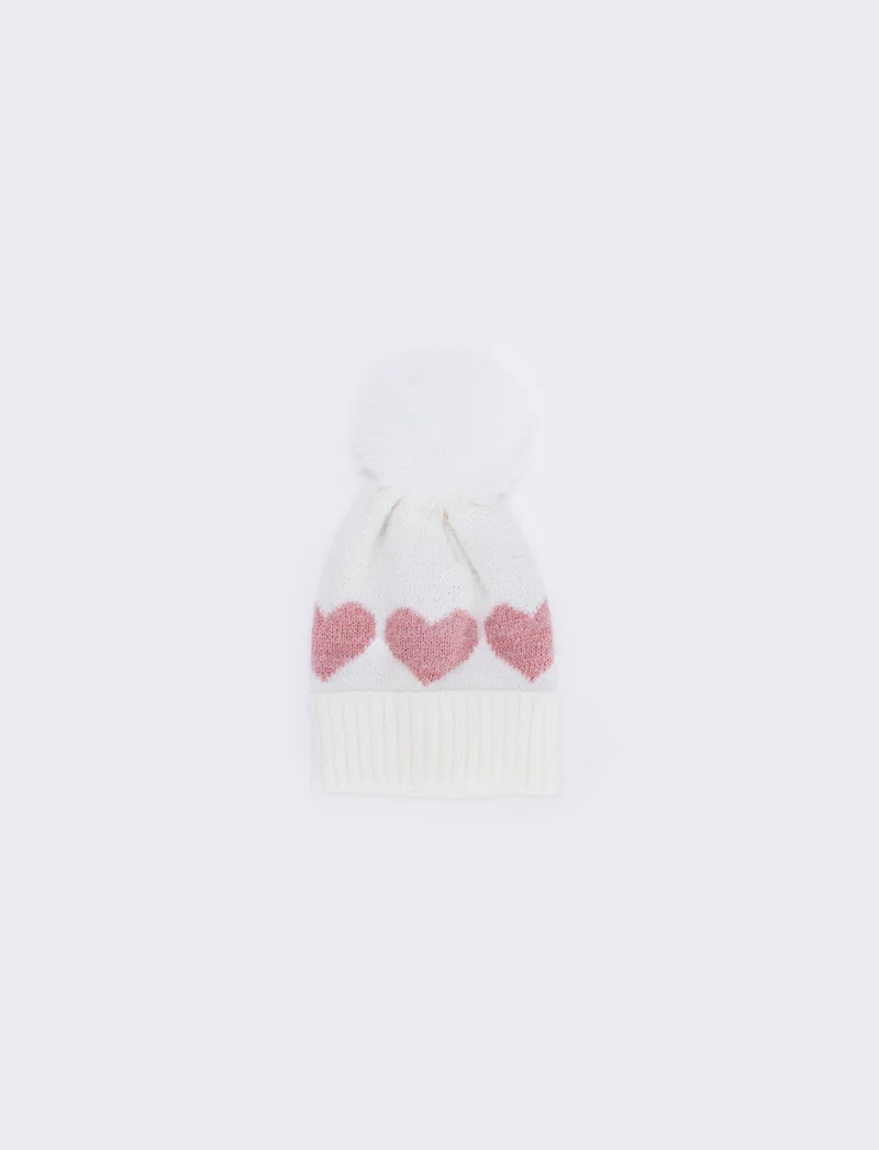 Cappello pon pon con cuoricini vivaci - Bianco panna