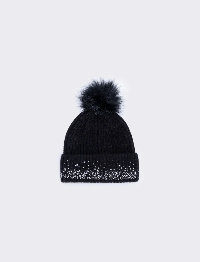 Cappello con strass sul risvolto - Nero