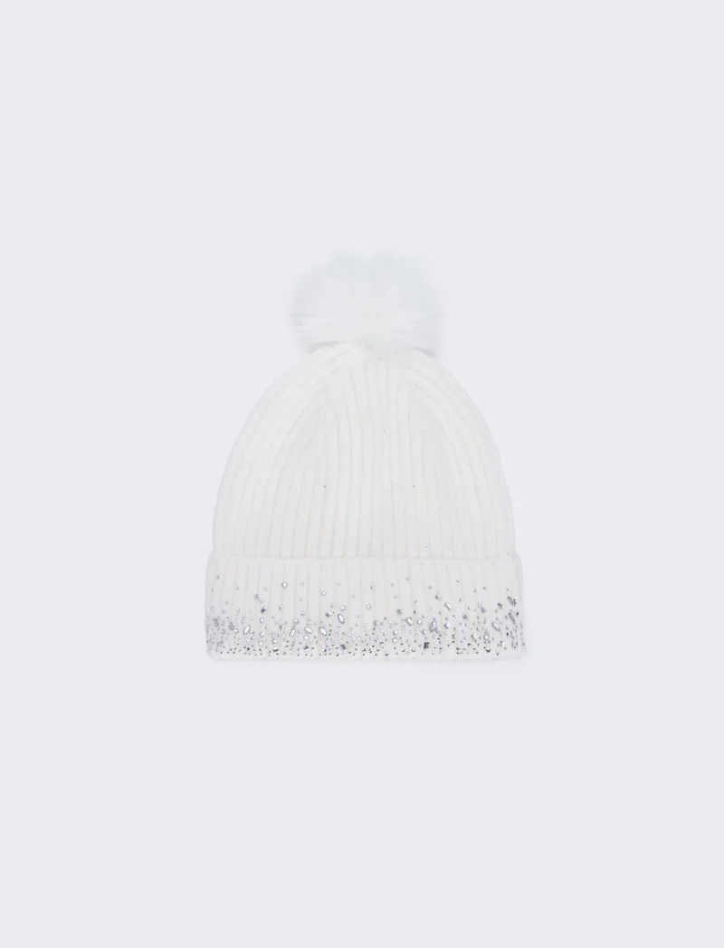 Cappello con strass sul risvolto - Bianco