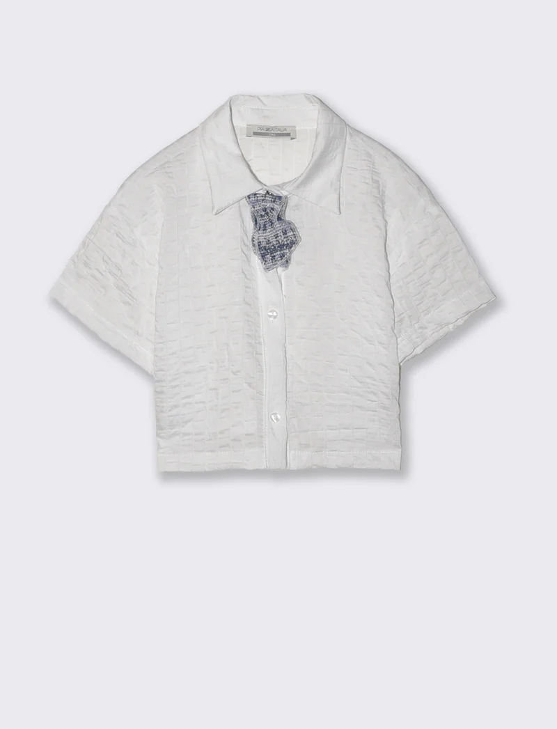 Camicia manica corta bambina in lino righe - Bianco