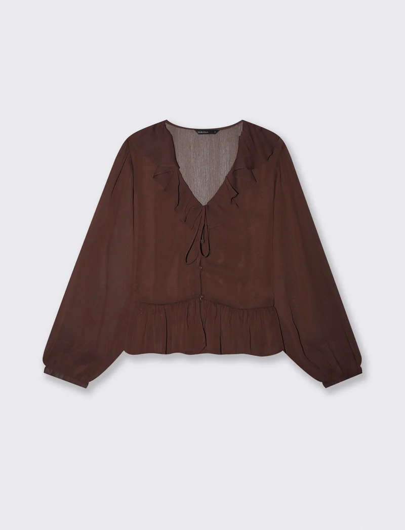 Camicia con scollo a V e volant - Moro