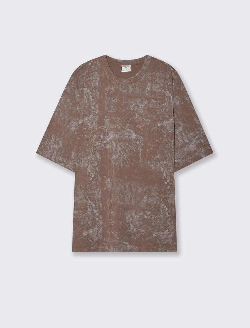 T-shirt cotone con stampa astratta all over - Grigio fango