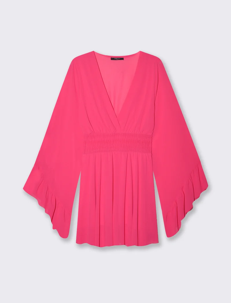Abito Corto con Scollo a V e Vita Elastico - Fuxia azalea