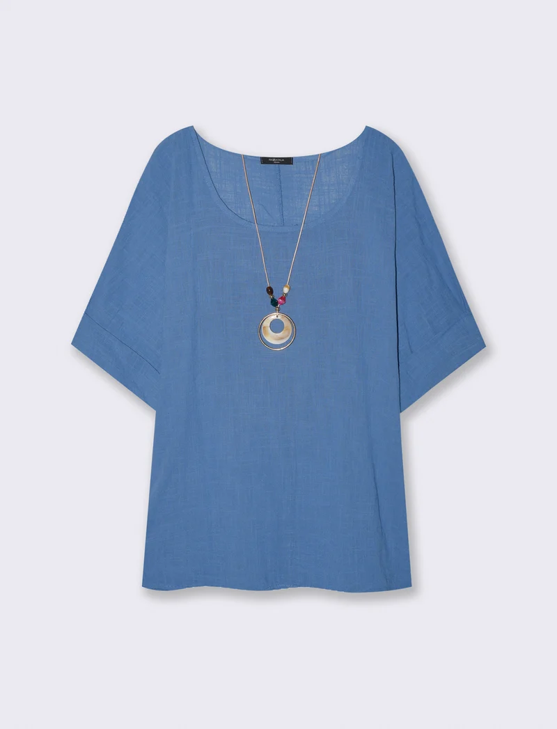 Blusa collo rotondo manica a tre quarti - Denim