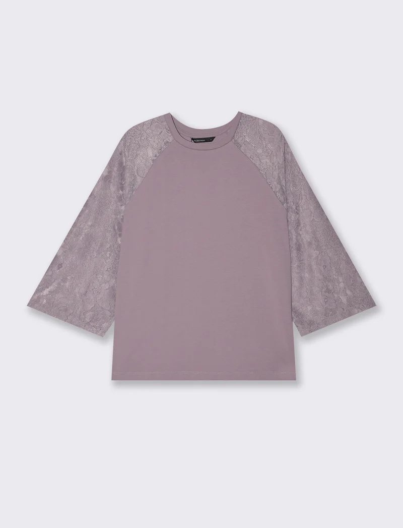 T-shirt manica a tre quarti in pizzo - Viola glicine