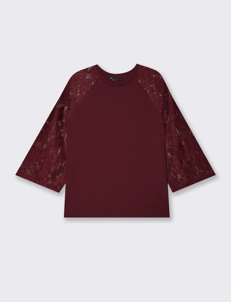 T-shirt manica a tre quarti in pizzo - Viola prugna