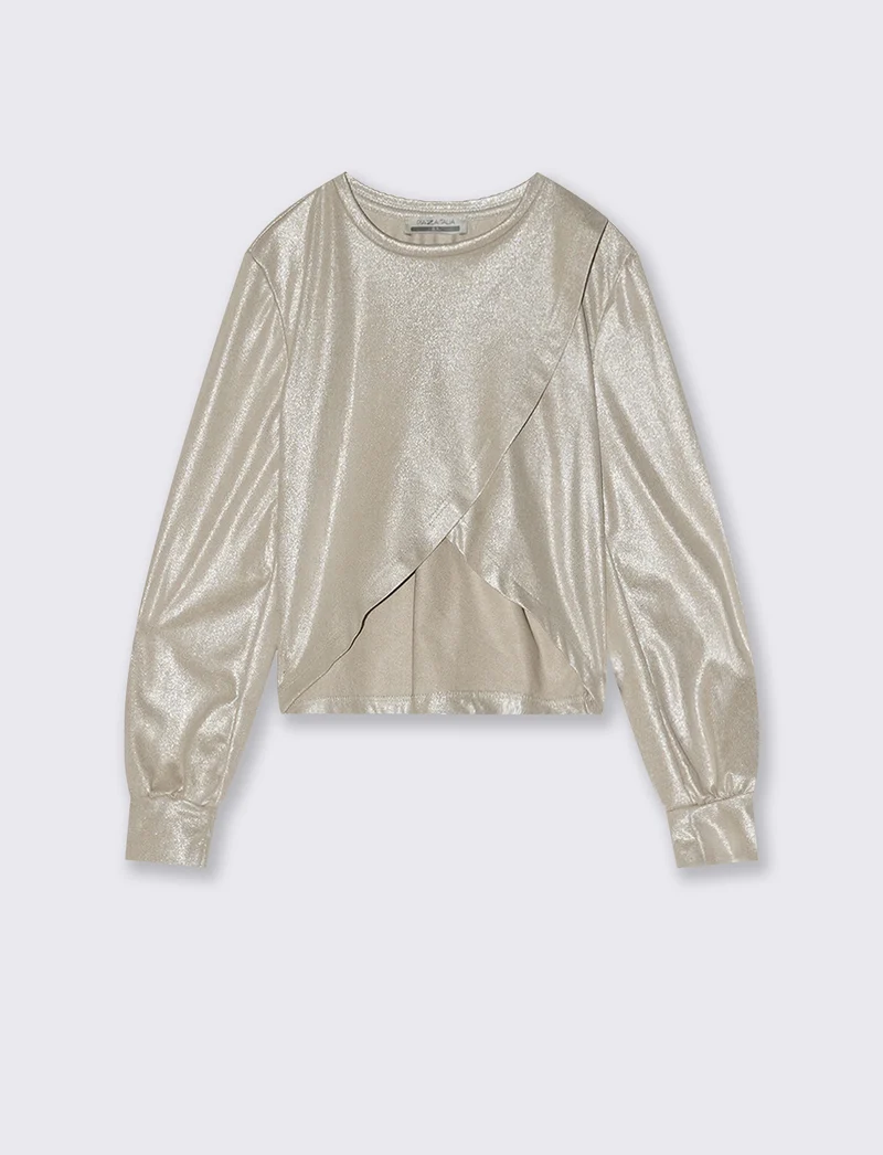 T-shirt asimmetrica manica lunga metallizzata - Beige