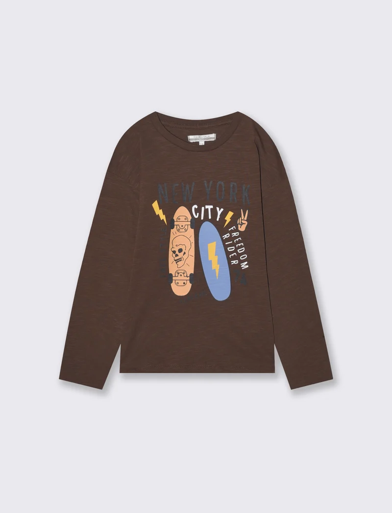T-shirt maniche lunghe in jersey fiammato - Marrone cioccolato