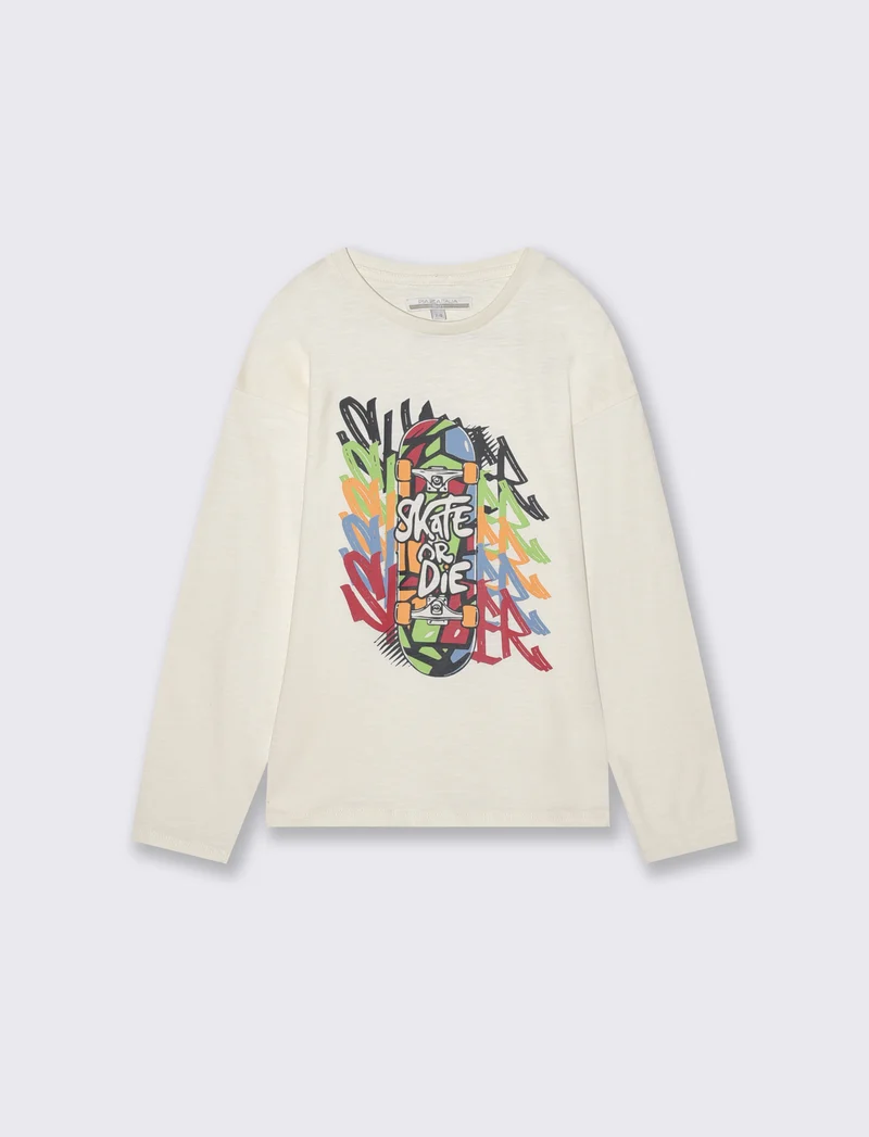 T-shirt maniche lunghe in jersey fiammato - Bianco latte