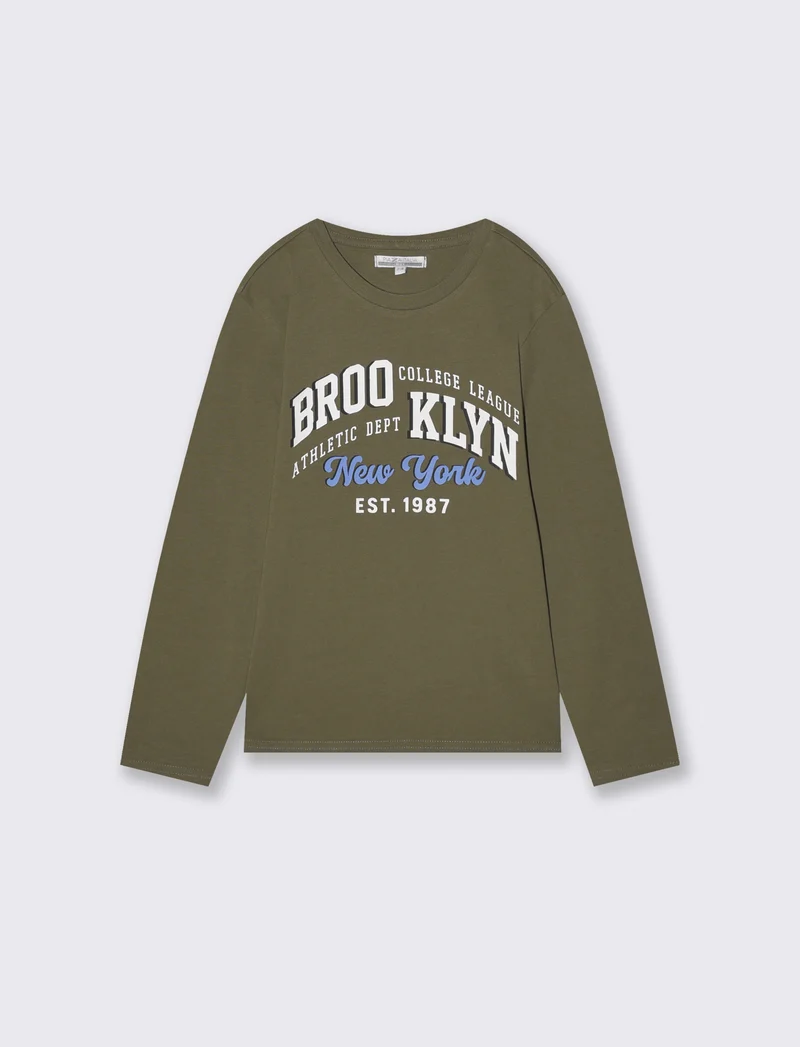 T-shirt manica lunga con stampa frontale - Verde militare