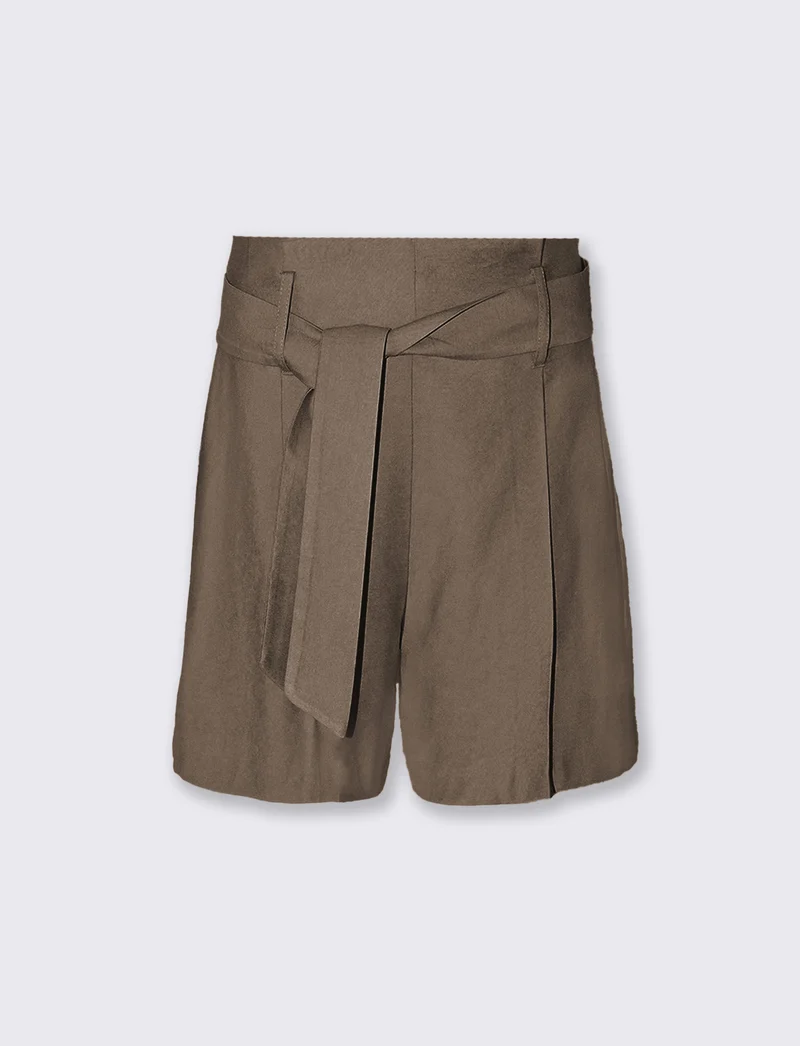Pantaloncini in tessuto con pinches e cintura - Grigio fango
