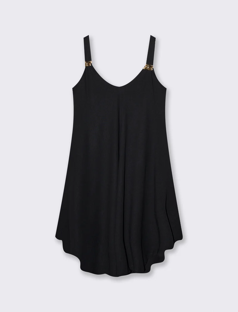 Abito Midi con Bretelle Decorate e Morbido - Nero