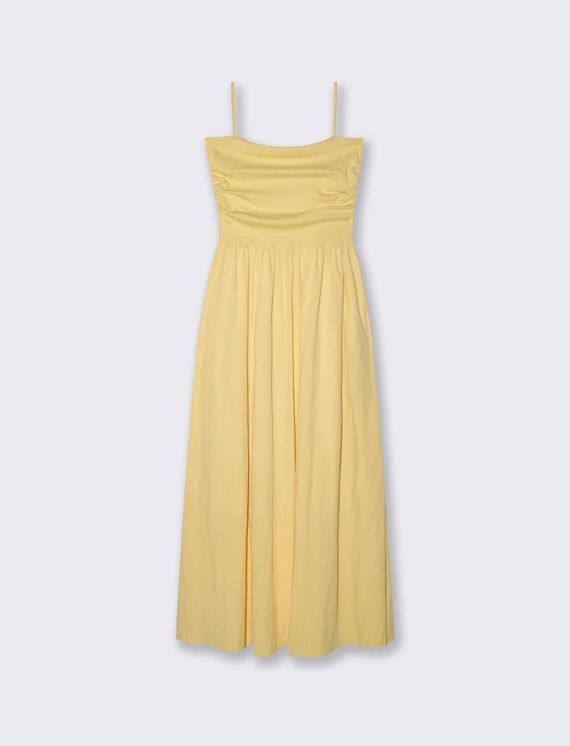 Vestito lungo con corpetto a costine e tasche - Giallo pastello