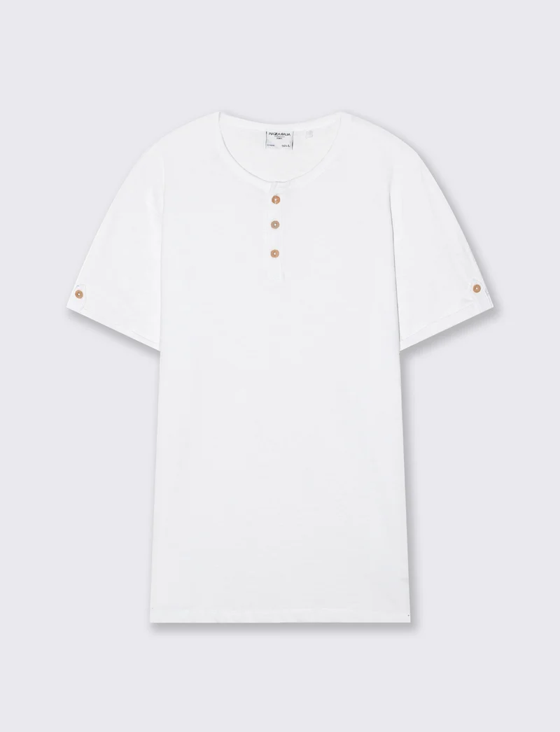 T-shirt cotone collo serafino bottoni - Bianco