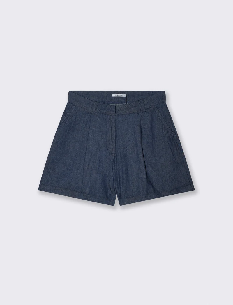 Short Chambray con Pinces e Risvolto - DENIM SCURO