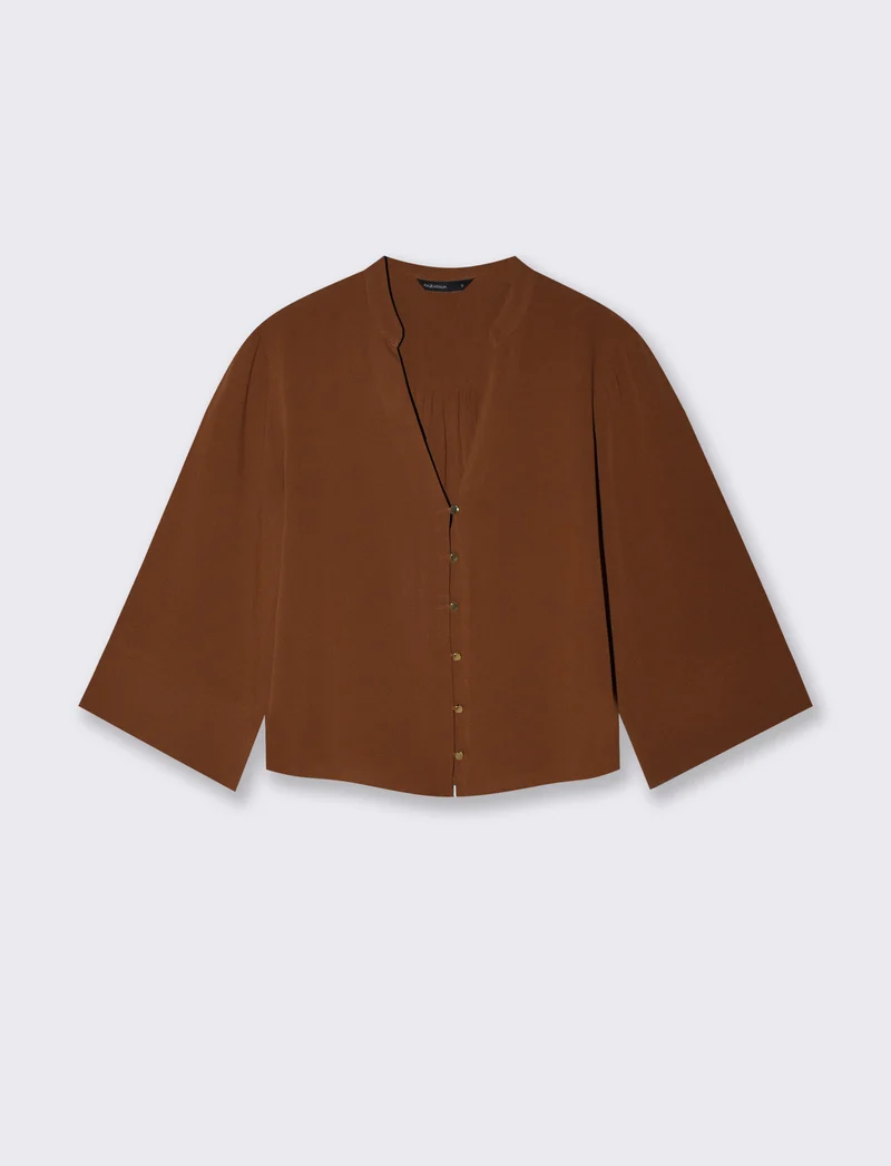 Camicia scollo a V con collo coreano - Marrone tabacco