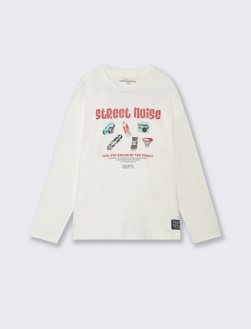 T-shirt in cotone e jersey con stampa - Bianco latte
