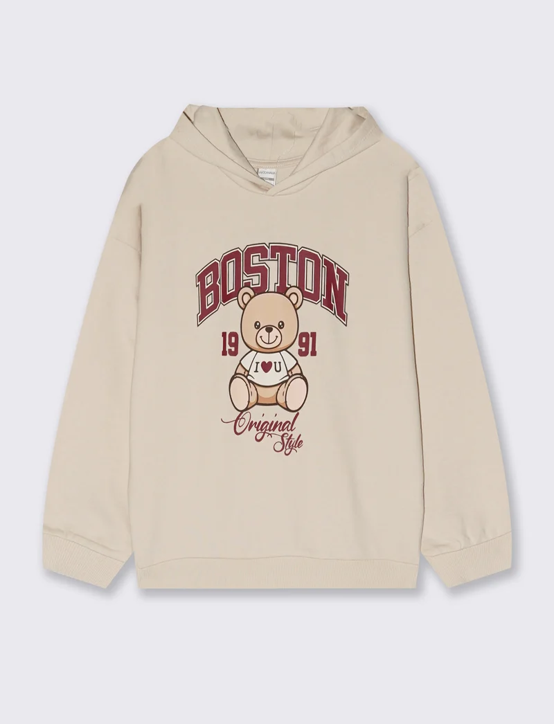 Felpa in cotone con cappuccio e stampa - Beige