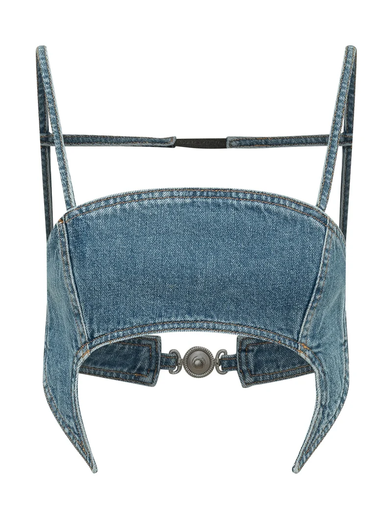 Top Bra in Denim con Spalline e Chiusura Frontale