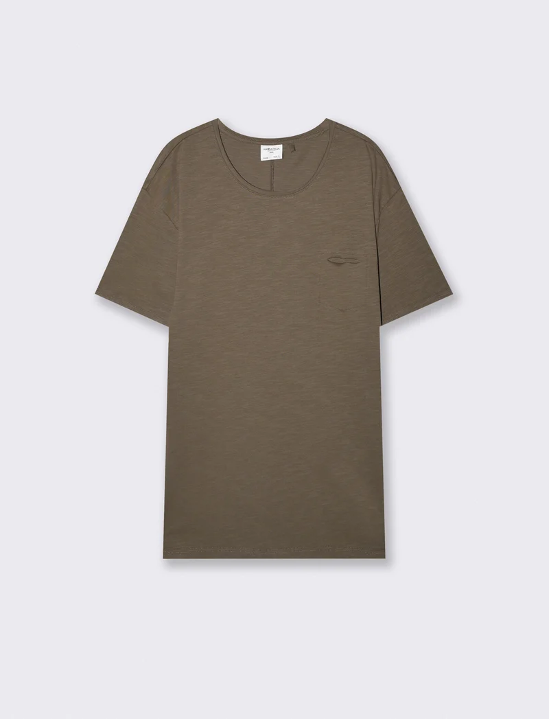 T-shirt cotone slub loose fit con tasca - Verde kaki