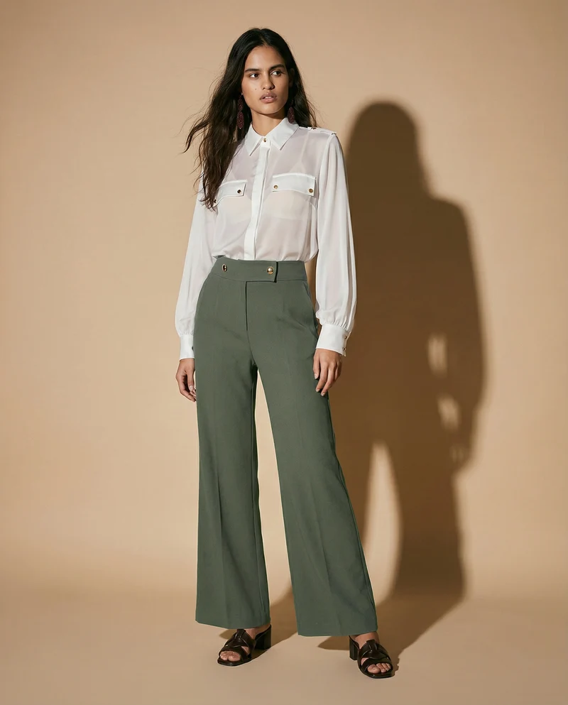 Pantaloni Palazzo con Bottoni in Vita - militare